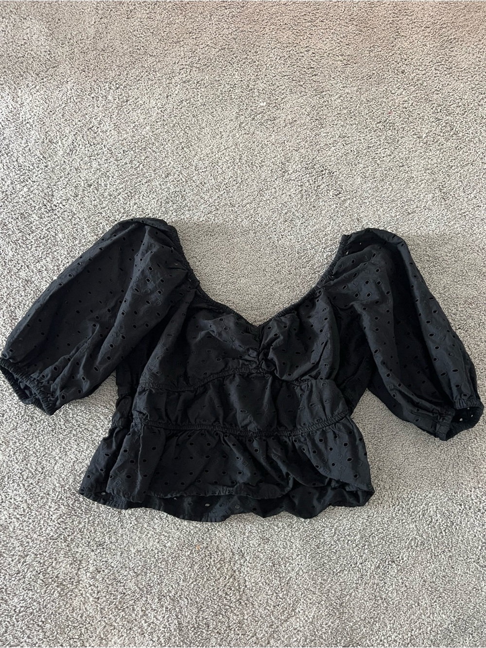 a new day Black Puff Sleeve Eyelet Peplum Blouse
